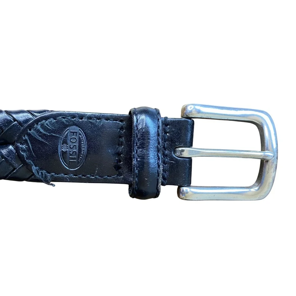 Fossil Mens Black Braided Woven Leather Belt Silver Buckle MB3040001 Size 40